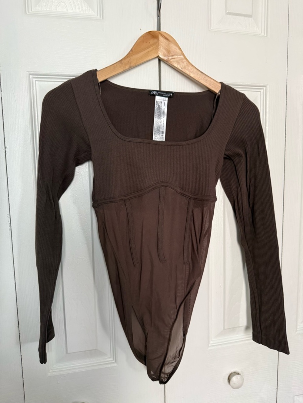 Zara Dark Brown Long Sleeve Square Neck Bodysuit